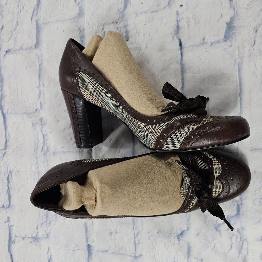 Franco Sarto Halley Heels Women 9 Brown Plaid Wingtip Block Pump Bow Academia - Picture 4 of 14